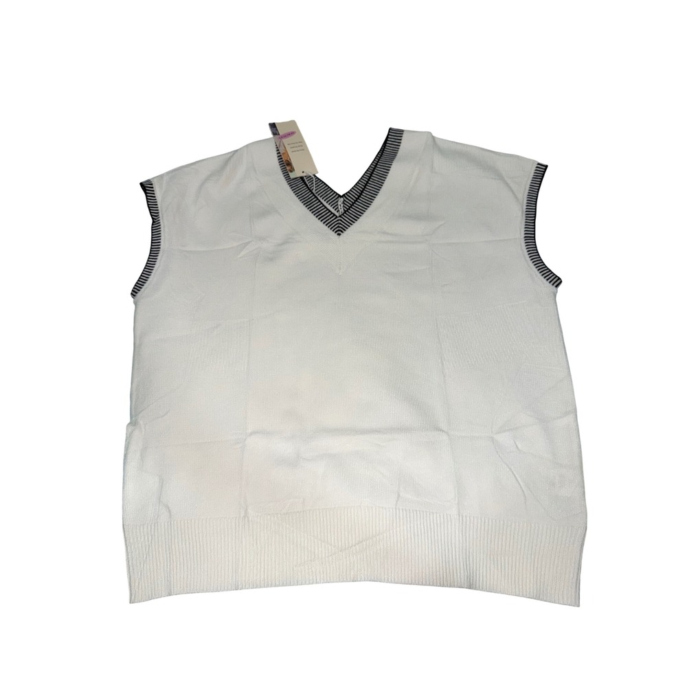 DOKOTOO White V Neck Knit Vest Sweater Sleeveless Striped Trim - Picture 5 of 8